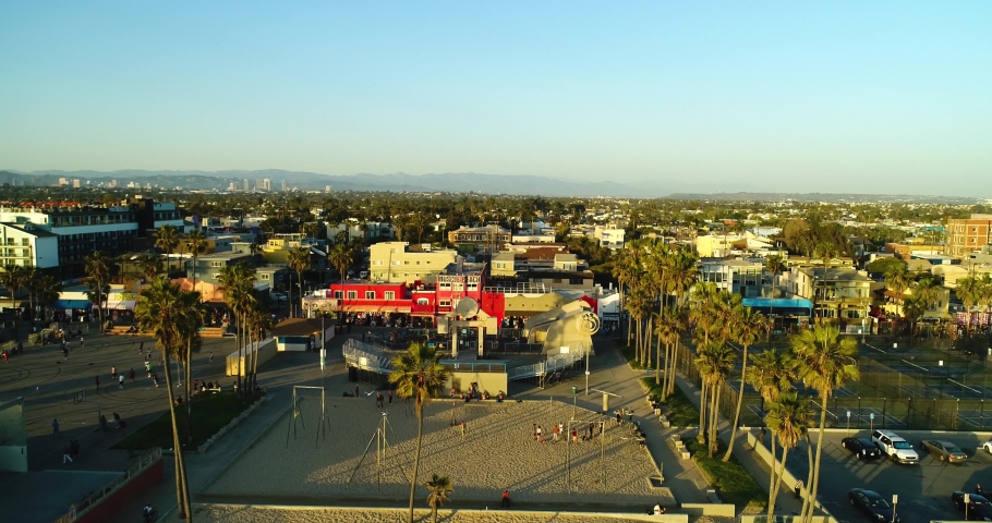 Aerial of the restaurants and shops on the Venice Beach coast.