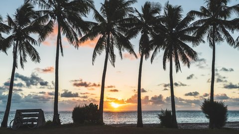 Sunset on Rarotonga Island with palm trees, sandy beaches and ocean waves. Timelapse