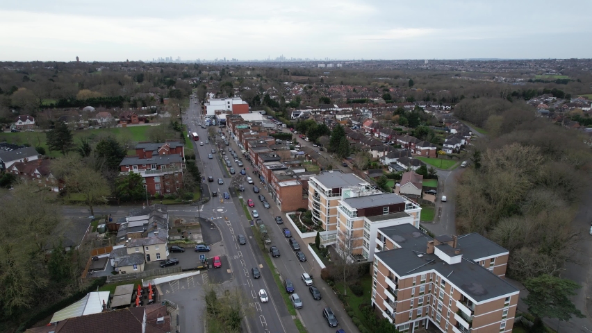 Chigwell Essex UK drone aerial view High street and residential roads Royalty-Free Stock Footage #1087542971
