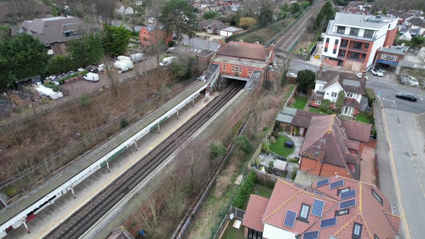 Chigwell tube station on Central Line Aerial drone view Royalty-Free Stock Footage #1087543001