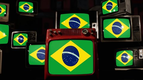 The National Flag of Brazil and Vintage Televisions. 4K Resolution.
