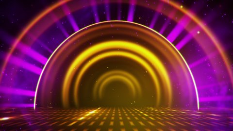 3D Beautiful Abstract pink and yellow circle wave radius frame, glowing neon light with bokeh dot particles glittering and smoke. random sparkling light on floor. tunnel background. Loopable. LED.4K
