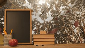 Animation of autumn leaves falling over books and blackboard. autumn and back to school concept digitally generated video. - Powered by Shutterstock - Get 15% off with code: PIKWIZARD15