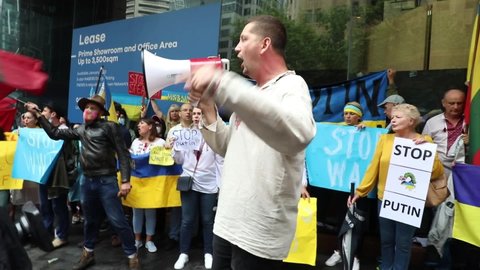 Sydney, NSW, Australia - February 25th, 2022: Anton Bogdanovych speaks to protesters against the Russian invasion of Ukraine at the Help Ukraine Now Rally in Martin Place.