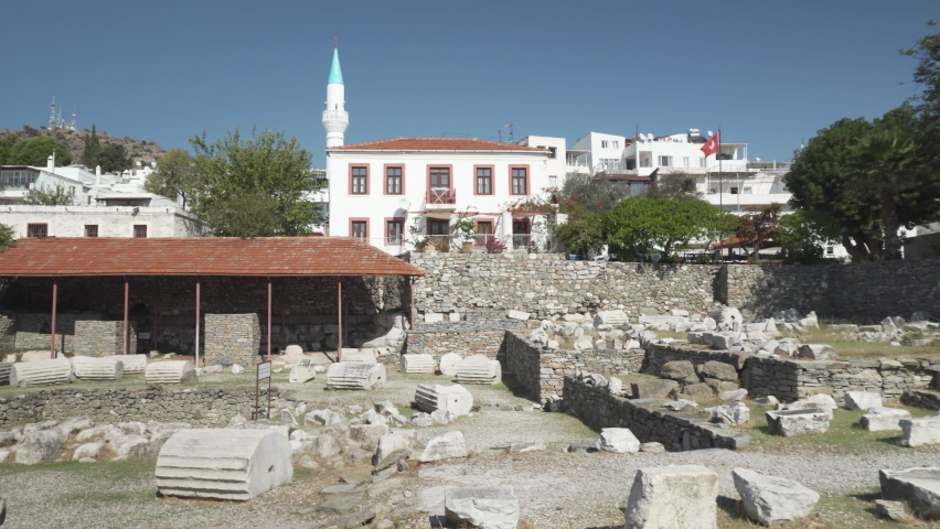 The ruins of the Mausoleum at Halicarnassus (Tomb of Mausolus) in Bodrum, Turkey. The Mausoleum is one of the Seven Wonders of the Ancient World and a popular tourist attraction in Turkey.