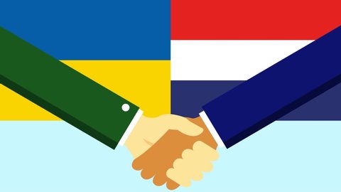 Handshake with two flags Ukraine and Holland.