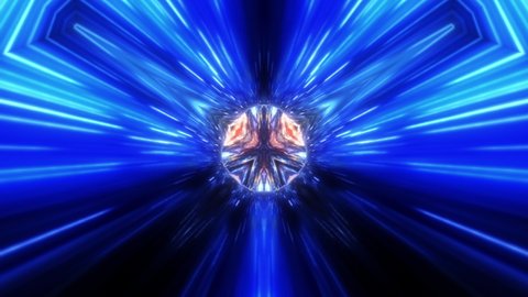 Abstract fantasy hypnotic glowing fire dark glow blue orange light kaleidoscope tunnel Abstract background for VJ disco music. 4K 3D seamless loop psychedelic kaleidoscope 
