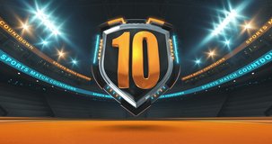 Countdown before sports match from ten to one. Rotating of metallic shield above orange tennis court. Sports arena in 4k video animation.