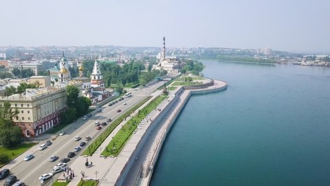 Russia, Irkutsk. Embankment of the Angara River, Monument to the Founders of Irkutsk. The text on the Russian - Irkutsk, Aerial View Hyperlapse