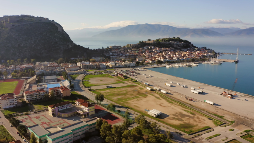 Aerial view of Nafplio townscape, in Nafplio, Peloponnese, Greece. Nafplio, also Náfplion, Nauplia, or Navplion is the capital of the regional unit of Argolis and an important tourist destination.