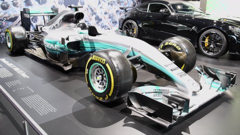 BRUSSELS, BELGIUM - JANUARY 10, 2018: Mercedes AMG F1 W08 EQ Power+ Mercedes-Benz Formula One racing car participating in the 2017 F1 World Championship and winning both the Driver's and Constructor's