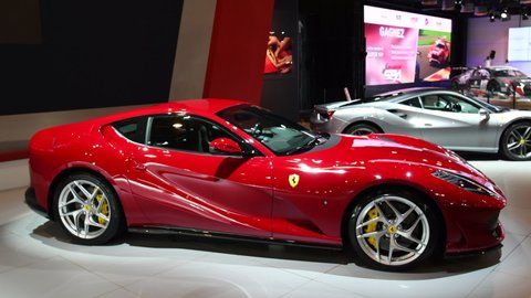 BRUSSELS, BELGIUM - JANUARY 10, 2018: Ferrari 812 SuperfastV12 front mid-engine, rear-wheel-drive exclusive Grand Tourer sports car on display at the 2018 European motor show in Brussels.