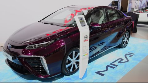 BRUSSELS, BELGIUM - JANUARY 10, 2018: Toyota Mirai hydrogen fuel cell car on display during the 2018 European Motor Show. The Mirai is one of the first hydrogen fuel-cell vehicles to be sold commerc