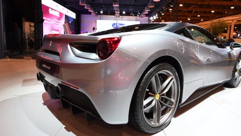 BRUSSELS, BELGIUM - JANUARY 10, 2018: Ferrari 488 GTB two-door coupe sports car on display at the 2018 European motor show in Brussels.