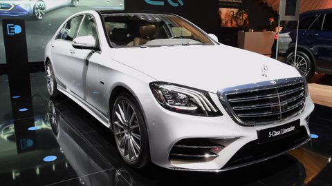 BRUSSELS, BELGIUM - JANUARY 10, 2018: Mercedes-Benz S-class Plug-in Hybrid Limousine luxury sedan on display during the 2018 Brussels Motor Show.