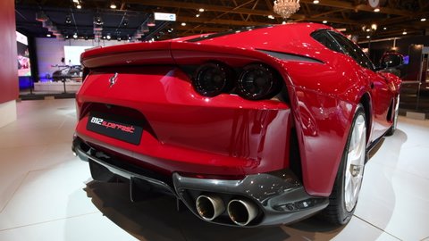 BRUSSELS, BELGIUM - JANUARY 10, 2018: Ferrari 812 Superfast V12 front mid-engine, rear-wheel-drive exclusive Grand Tourer sports car on display at the 2018 European motor show in Brussels.