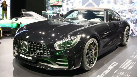 BRUSSELS, BELGIUM - JANUARY 10, 2018: Mercedes-AMG GT R on display during the 2018 European Motor Show Brussels.