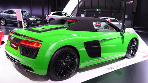BRUSSELS, BELGIUM - JANUARY 10, 2018: Audi R8 Spyder V10 Audi Sport Edition GmbH sports car on display at the 2018 European motor show in Brussels.