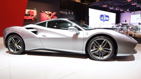 BRUSSELS, BELGIUM - JANUARY 10, 2018: Ferrari 488 GTB two-door coupe sports car on display at the 2018 European motor show in Brussels.