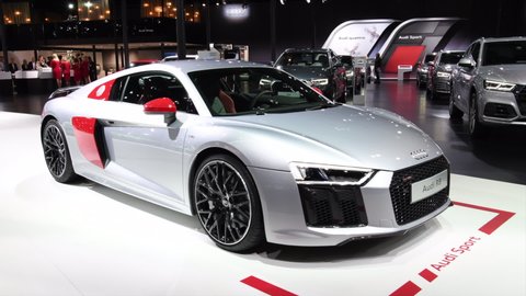 BRUSSELS, BELGIUM - JANUARY 10, 2018: Audi R8 V10 Audi Sport Edition GmbH sports car on display at the 2018 European motor show in Brussels.
