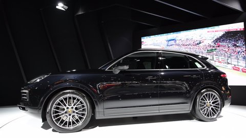 BRUSSELS, BELGIUM - JANUARY 10, 2018: Porsche Cayenne SUV on display at the 2018 European motor show in Brussels.