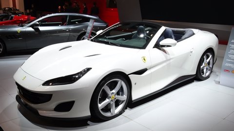 BRUSSELS, BELGIUM - JANUARY 10, 2018: Ferrari Portofino grand touring two-door 2+2 hard top convertible sports car on display at the 2018 European motor show in Brussels.