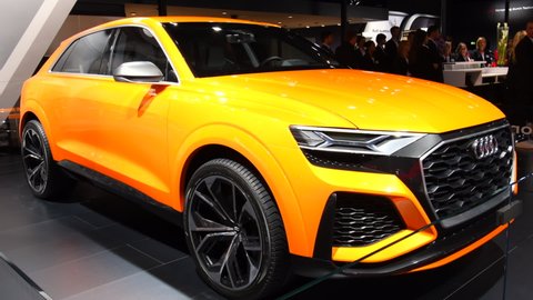 BRUSSELS, BELGIUM - JANUARY 10, 2018: Audi Q8 concept futuristic hybrid SUV on display at the 2018 European motor show in Brussels.