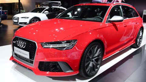 BRUSSELS, BELGIUM - JANUARY 10, 2018: Audi S4 Berline, Audi A5 Cabriolet and Audi RS6 Avant stationwagon executiveluxury cars on display at the 2018 European motor show.