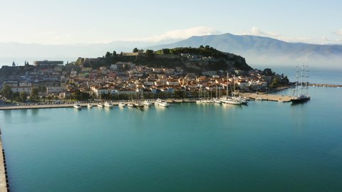 Aerial view of town of Nafplio and its harbor, in Nafplio, Peloponnese