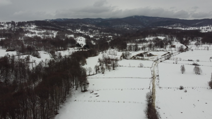 Aerial view of winter landscape in Transylvania, Romania.