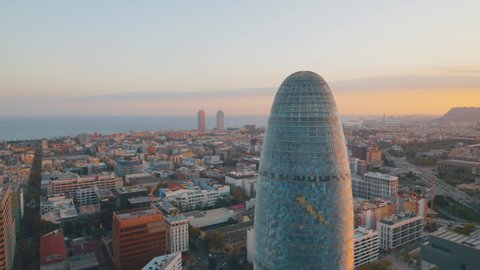 Barcelona, Spain; 01-24-2022: Aerial view of Barcelona. Modern architecture in a coastal city