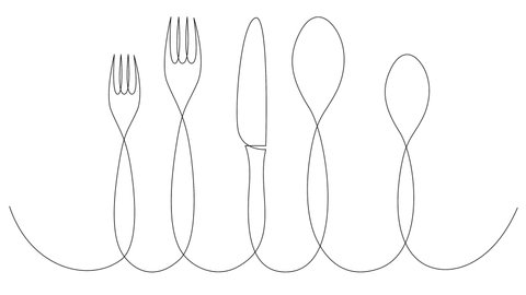 Self drawing animation of one continuous line cutlery. Knife, fork and spoon single line sketch, restaurant logo animation. Alpha channel