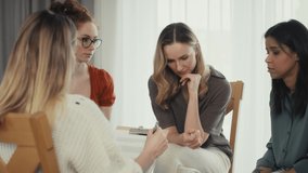 Group of caucasian and mixed race women on group psychotherapy. Shot with RED helium camera in 8K.