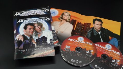 Rome, Italy - February 22, 2022, detail of the cover and DVDs of the Moonlighting television series which aired for the first time in the United States on ABC from 1985 to 1989.