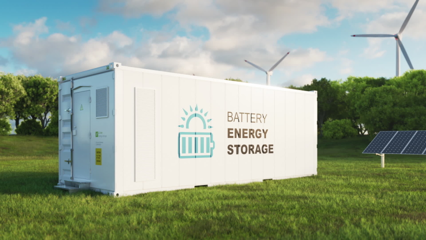 concept of a modern high-capacity battery energy storage system in a container located in the middle of a lush meadow with a forest in the background. 3d rendering Royalty-Free Stock Footage #1087575425