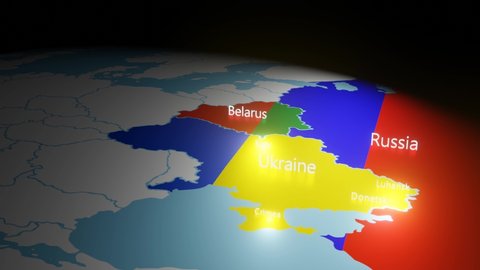 Ukraine - Russia - Belarus borders on map with colors of national flag. 3D render animation.