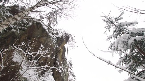 Ancient rock in winter forest covered with snow