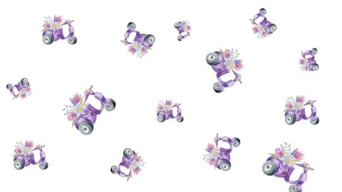 Motorcycle with a lilac sidecar and flowers. Watercolor illustration