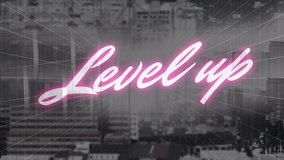 Animation of level up text over cityscape. global business, finances and digital interface concept digitally generated video. - Powered by Shutterstock - Get 15% off with code: PIKWIZARD15