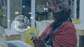 Animation of globe with numbers over smiling african american businessman using laptop. global business, finances and digital interface concept digitally generated video. - Powered by Shutterstock - Get 15% off with code: PIKWIZARD15