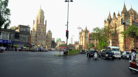 Busy road at CST railway station, Mumbai, India, Circa 2022