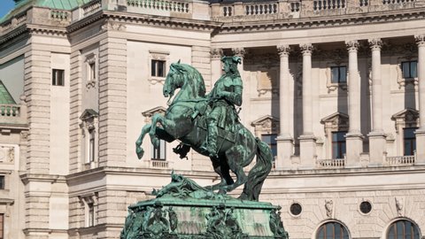 Close-up hyper lapse Imperial Palace Hofburg and Statue of Prince Eugene of Savoy, Vienna, Austria