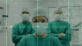 Animation of markers on grid over diverse surgeons in face masks. global medicine, healthcare services and data processing concept digitally generated video. - Powered by Shutterstock - Get 15% off with code: PIKWIZARD15