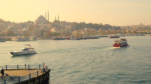Golden Horn bay. City view of Istanbul. Vessels at Golden Horn bay Suleymaniye Mosque at background