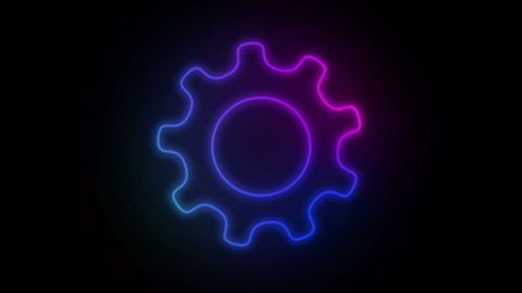 Neon spinning gears animation on black background. Spinning cogwheel video. Loading. 