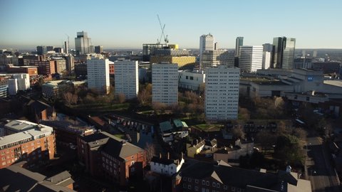 BIRMINGHAM, UK - 2022: Establishing aerial view of Birmingham UK with ICC, Library and tower blocks