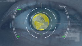 Animation of scope scanning, data processing and globe over eye of caucasian woman. global digital interface, data processing and technology concept digitally generated video.