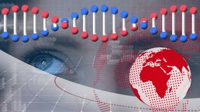 Animation of dna strand, data processing and globe over eyes of caucasian woman. global digital interface, data processing and technology concept digitally generated video.