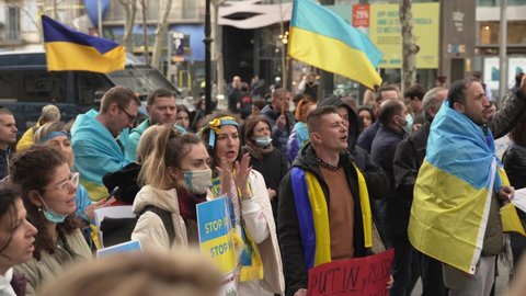 Barcelona, Spain; February 2022: Ukrainian Citizens protesting against the War in Ukraine