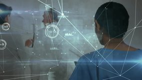 Animation of networks of connections over diverse doctors in hospital. global medicine, healthcare and technology concept digitally generated video.